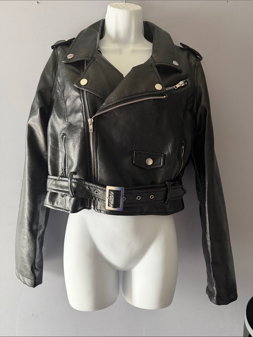 Classic Black Cropped Leather Biker Jacket with Belt